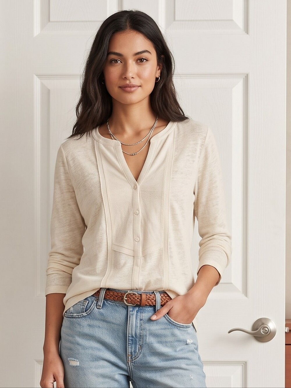 Lucky Brand Henley Cream Knit Top Long Sleeve NWT Size Large